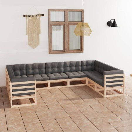 Set Salotto Giardino 9 pz Cuscini Antracite Legno Massello Pino