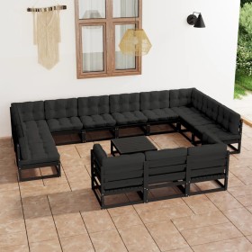 Set Divani da Giardino 14 pz con Cuscini Massello di Pino Nero