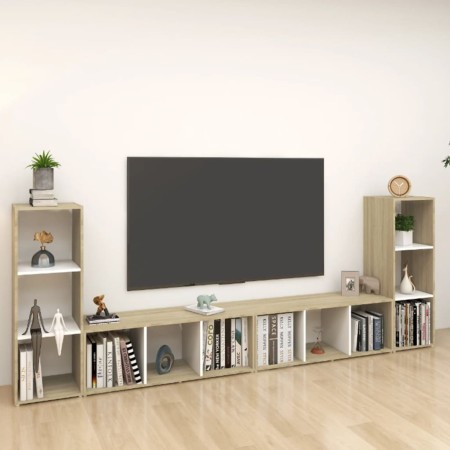 Mobili TV 4 pz Bianco e Sonoma 107x35x37cm in Legno Multistrato