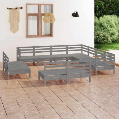 Set Salotto da Giardino 11 pz in Legno Massello di Pino Grigio