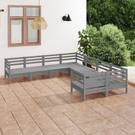 Set Salotto da Giardino 8 pz in Legno Massello di Pino Grigio