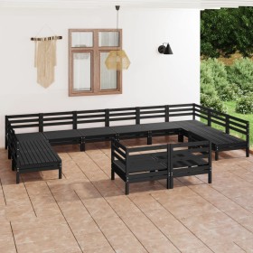 Set Salotto da Giardino 12 pz Nero in Legno Massello di Pino