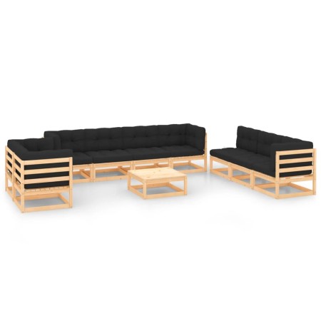 Set Salotto Giardino 10pz Cuscini Antracite Legno Massello Pino