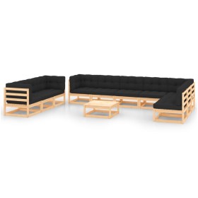 Set Salotto Giardino 11pz Cuscini Antracite Legno Massello Pino