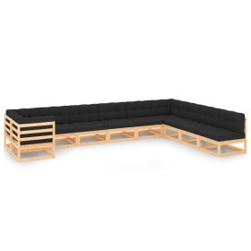 Set Salotto Giardino 10pz Cuscini Antracite Legno Massello Pino