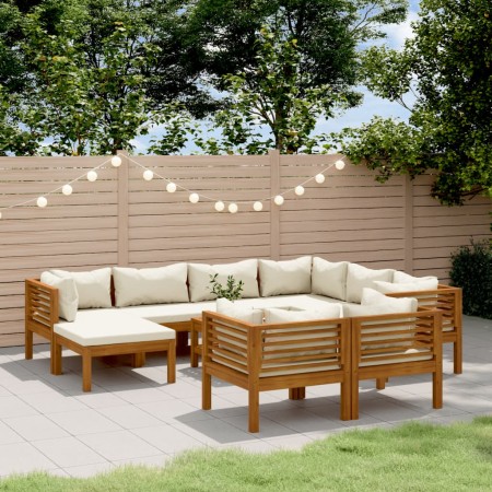 Set Divani da Giardino 10 pz con Cuscini Crema in Legno Acacia