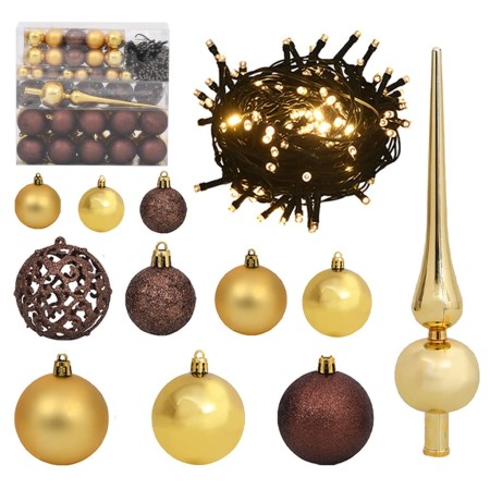 Set Natale con 120 Palline Punta e 300 Luci LED Oro e Bronzo