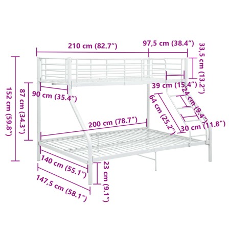 Letto a Castello Bianco in Metallo 140x200 cm/90x200 cm