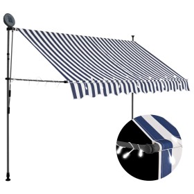 Tenda da Sole Retrattile Manuale con LED 250 cm Blu e Bianca