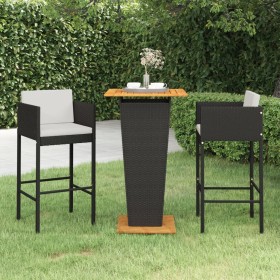 Set Bar da Giardino 3 pz con Cuscini Polyrattan Nero