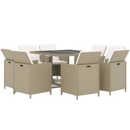 Set da Pranzo da Giardino 9 pz con Cuscini in Polyrattan Beige