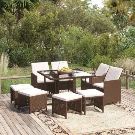 Set Divani da Giardino 9 pz con Cuscini in Polyrattan Marrone