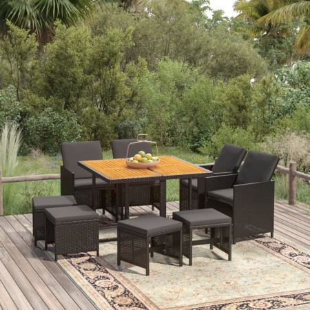 Set da Pranzo da Giardino 9 pz con Cuscini Nero in Polyrattan