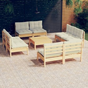 Set Divani da Giardino 9 pz con Cuscini Crema Massello di Pino