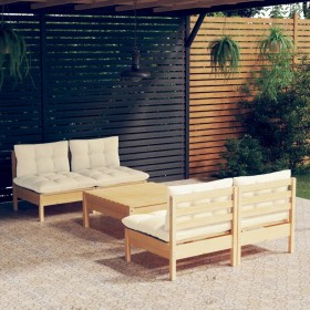 Set Divani da Giardino 5 pz con Cuscini Crema in Massello di Pino