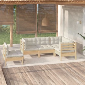 Set Divani da Giardino 5 pz con Cuscini Crema in Massello di Pino