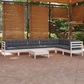 Set Divani da Giardino 8 pz con Cuscini Bianchi Legno di Pino