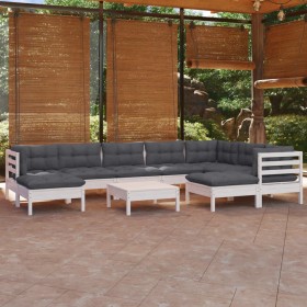 Set Divani da Giardino 10 pz con Cuscini Bianchi Legno di Pino