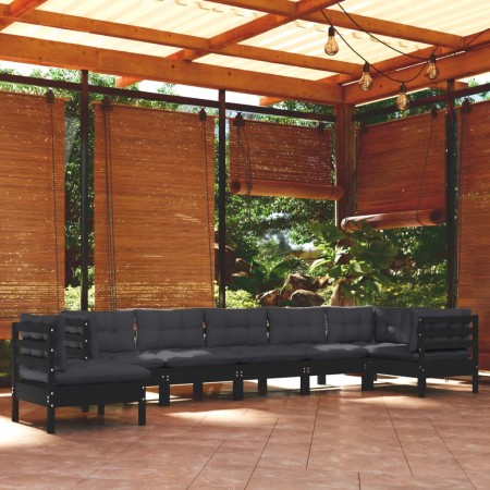 Set Divani da Giardino 8 pz con Cuscini Neri Massello di Pino