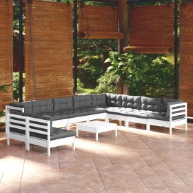 Set Divani da Giardino 11 pz con Cuscini Bianchi Legno di Pino