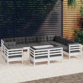 Set Divani da Giardino 12 pz con Cuscini Bianchi Legno di Pino