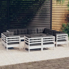 Set Divani da Giardino 11 pz con Cuscini Bianchi Legno di Pino