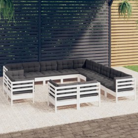 Set Divani da Giardino 13 pz con Cuscini Bianchi Legno di Pino