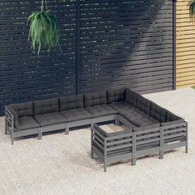 Set Divani da Giardino 10 pz con Cuscini Grigi Massello di Pino