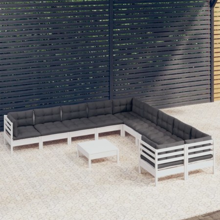 Set Divani da Giardino 11 pz con Cuscini Bianchi Legno di Pino