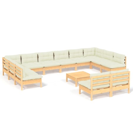 Set Divani da Giardino 13 pz con Cuscini Crema Massello di Pino