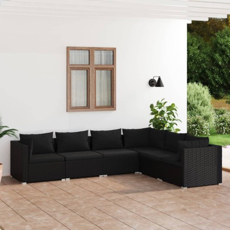 Set Divani da Giardino 6 pz con Cuscini in Polyrattan Nero