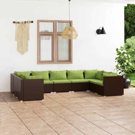 Set Divani da Giardino 9 pz con Cuscini in Polyrattan Marrone