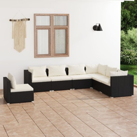 Set Divani da Giardino 7 pz con Cuscini in Polyrattan Nero