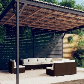 Set Divani da Giardino 9 pz con Cuscini in Polyrattan Marrone