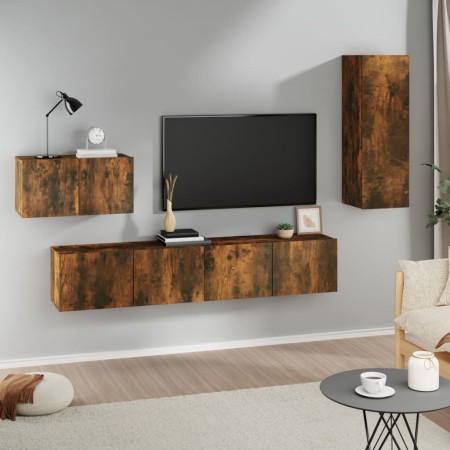 Set di Mobili Porta TV 4 pz Rovere Fumo in Legno Multistrato