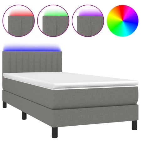 Letto a Molle Materasso e LED Grigio Scuro 90x200 cm in Tessuto