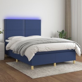 Letto a Molle con Materasso e LED Blu 140x190 cm in Tessuto