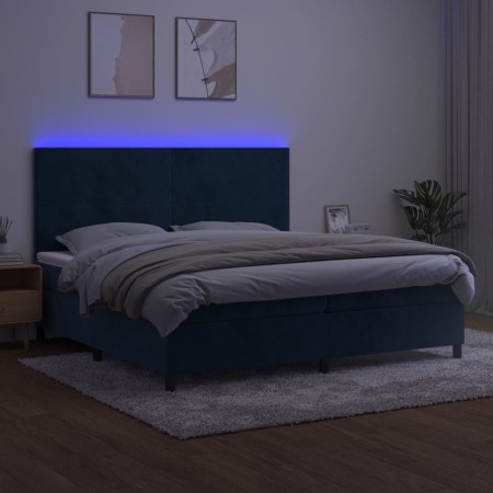 Letto a Molle con Materasso e LED Blu Scuro 200x200 cm