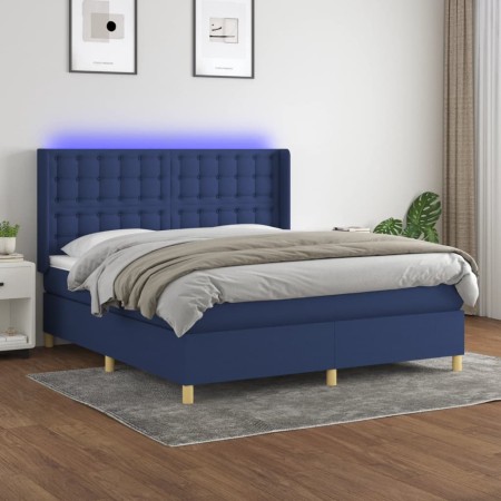 Letto a Molle con Materasso e LED Blu 180x200 cm in Tessuto