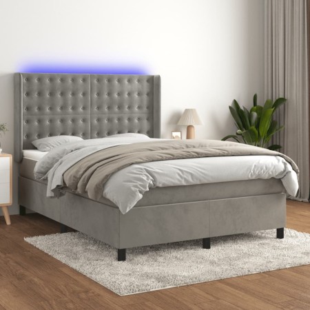 Letto a Molle Materasso e LED Grigio Chiaro 140x200 cm Velluto