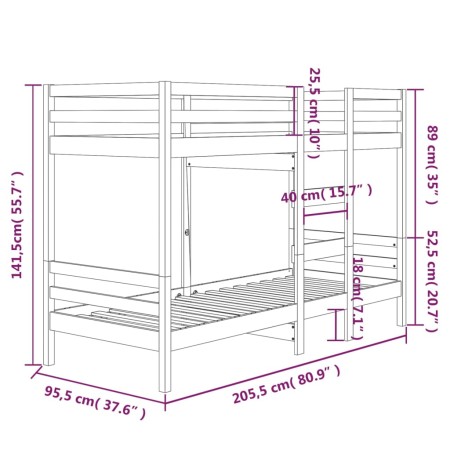 Letto a Castello Miele 90x200 cm in Legno Massello di Pino