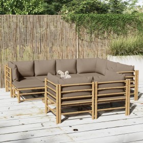 Set Salotto da Giardino 10pz con Cuscini Tortora Bambù