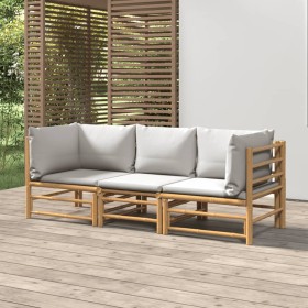 Set Salotto da Giardino 3pz con Cuscini Grigio Chiaro Bambù