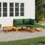 Set Salotto da Giardino 4 pz con Cuscini Verdi Legno Massello