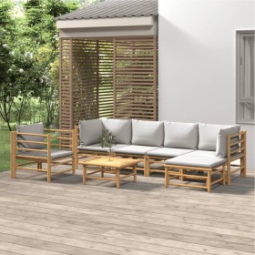 Set Salotto da Giardino 7pz con Cuscini Grigio Chiaro Bambù