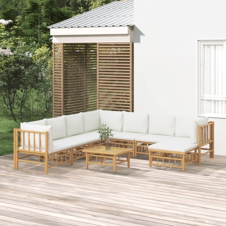 Set Salotto da Giardino 9pz con Cuscini Bianco Crema in Bambù