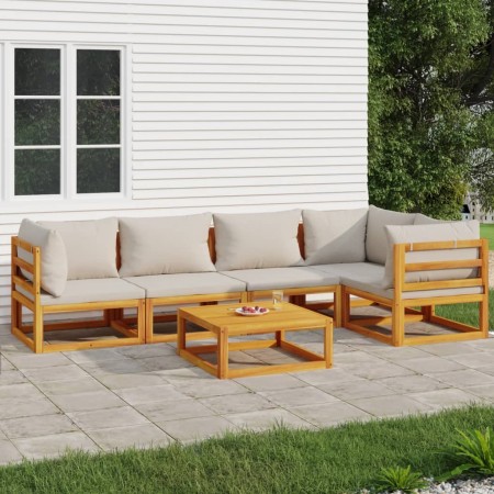 Set Salotto Giardino 6pz Cuscini Grigio Chiaro Legno Massello