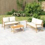 Set Salotto da Giardino 3pz con Cuscini Bianco Crema in Bambù