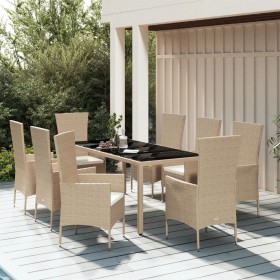 Set da Pranzo da Giardino 9 pz con Cuscini Beige in Polyrattan