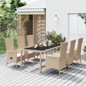 Set da Pranzo da Giardino 7 pz con Cuscini Beige in Polyrattan